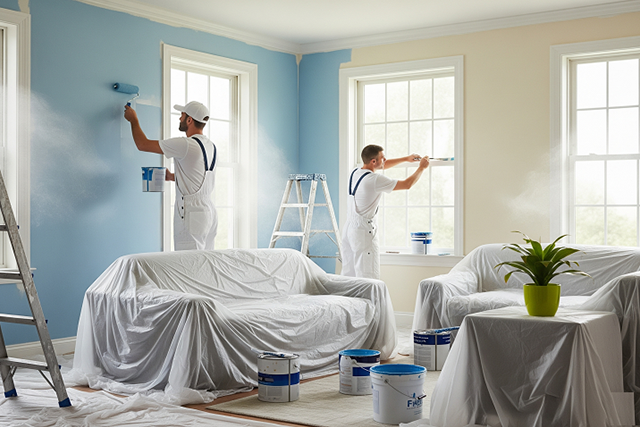 Painters Adding Fresh Blue and Cream Colors to a Bright Living Room